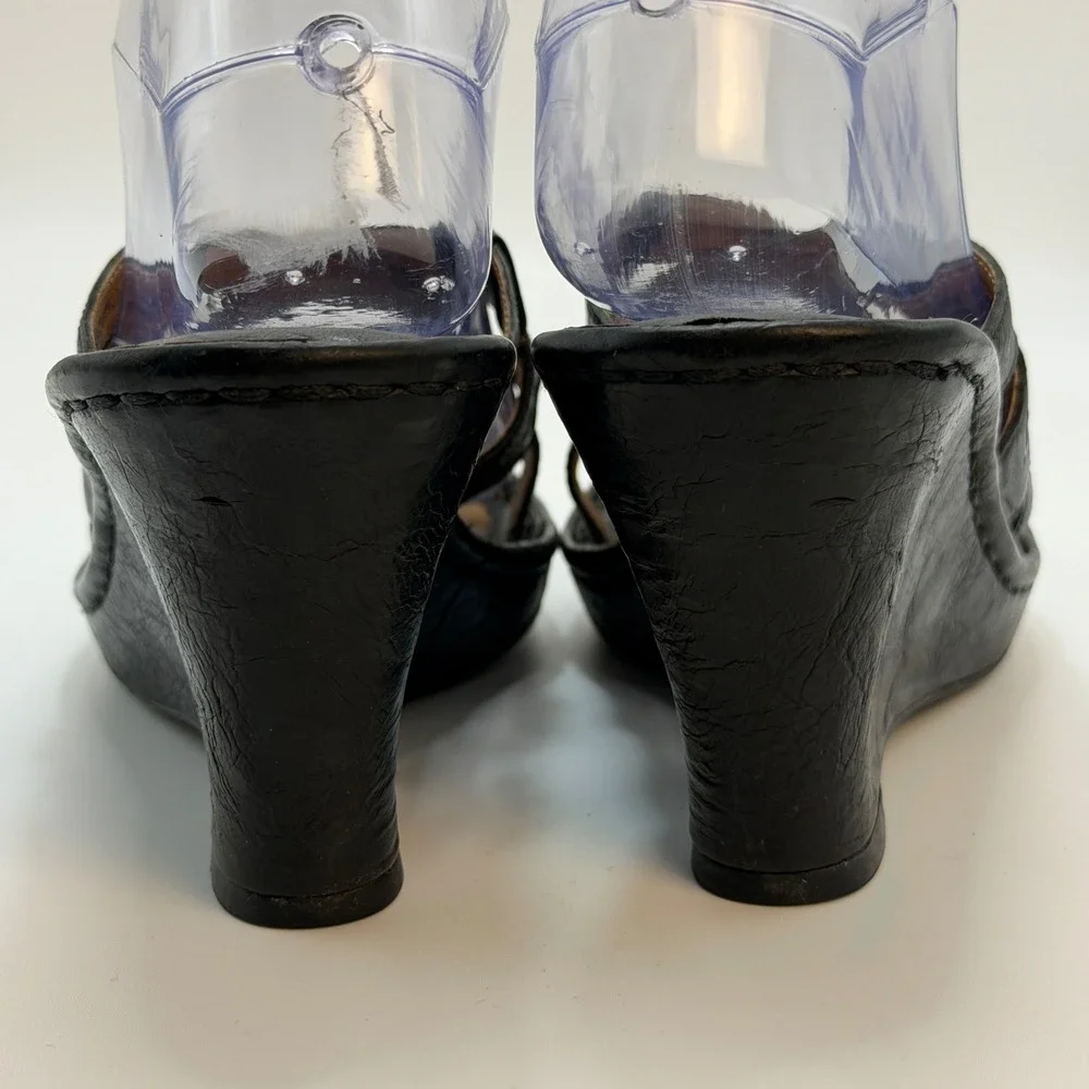 Born Black Leather Strappy Ascot Wedge Sandals Womens 8 M/W W3309 K6 Slide Mules